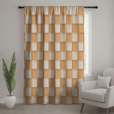 Orange White Checkered Window Curtains, Checkered Sheer & Blockout Curtains - 1 Panel