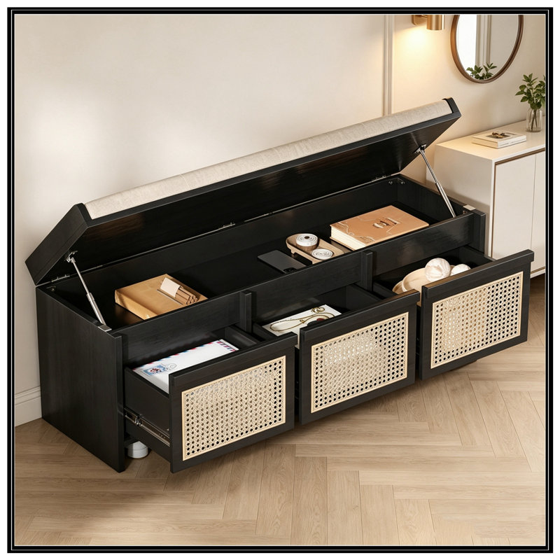 Banc de rangement avec tiroirs en rotin et bouton amovible, Noir