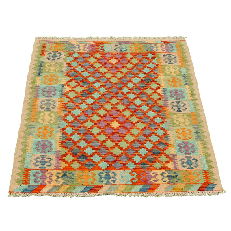 Tapis décoratif en laine de conception unique 3 pi 3 po x 5 pi noué à la main New Age orange/vert/beige