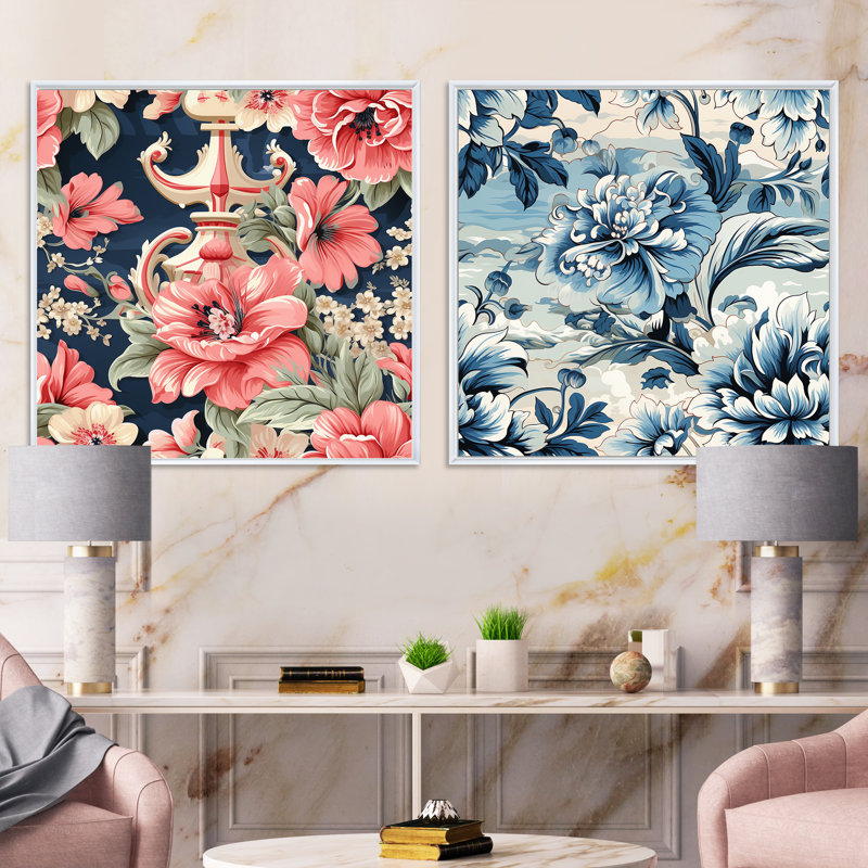 Pavone - Ensemble de 2 collages carrés botaniques abstraits, H 16 po x l 33 po, Cadre flottant blanc