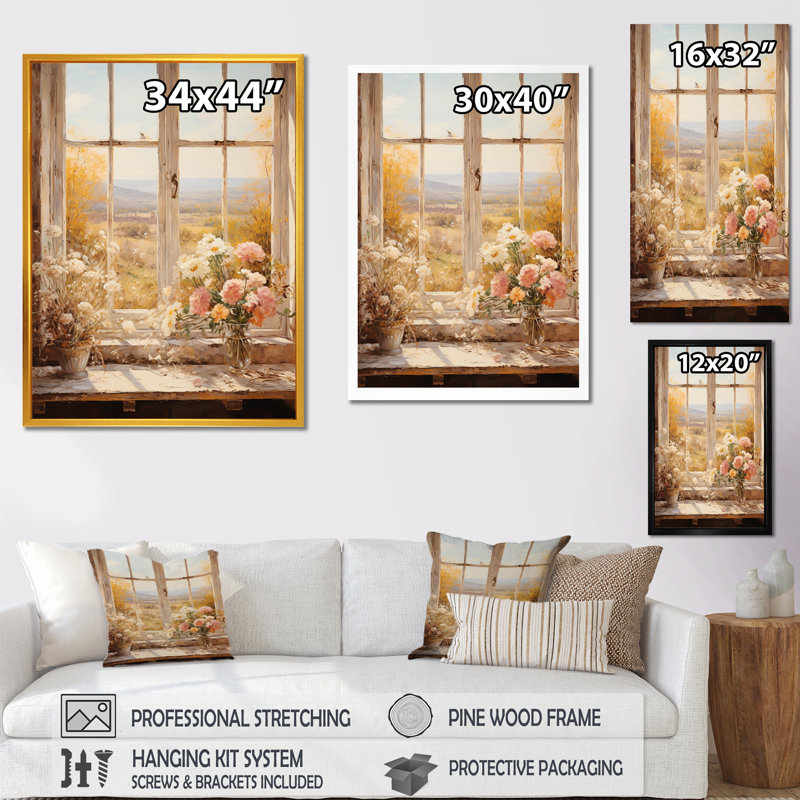 Art floral rétro sur les prairies, vue de fenêtre 3, H 20 po x l 12 po x P 1 po, Toile tendue