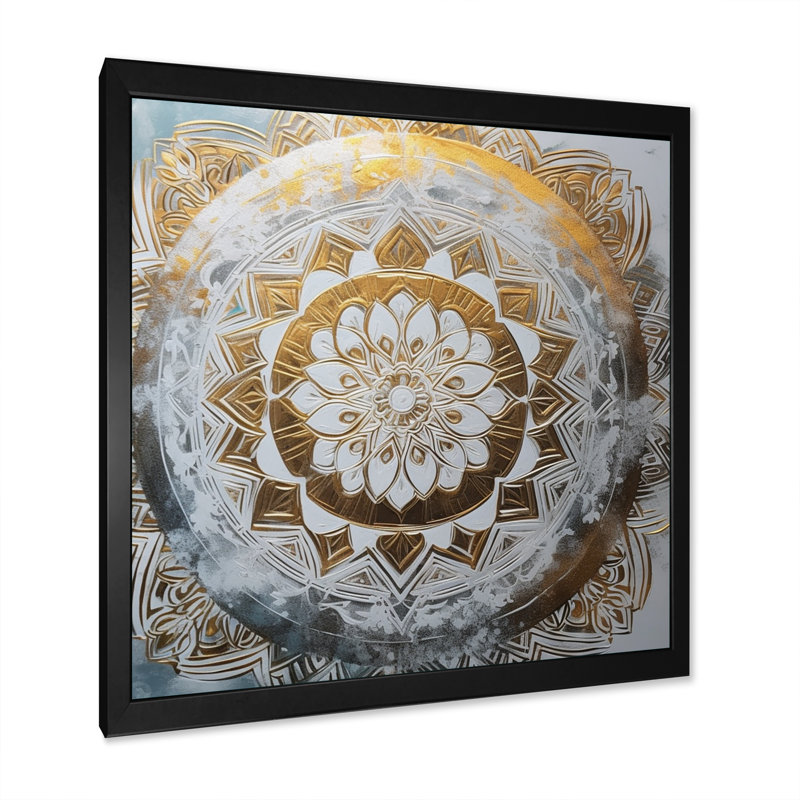 Mandala blanc et doré VII sur toile, Cadre d'angle fermé noir, H 16 po x l 16 po x P 1 po