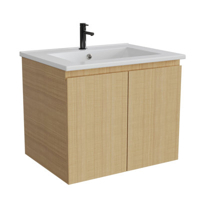 Wall-Mounted Floating Bathroom Vanity Unit with Integrated Ceramic Basin | Soft-Close Double Doors, Hidden Handle & Moisture-Resistant Storage, 59x46x50cm Natural Oak
