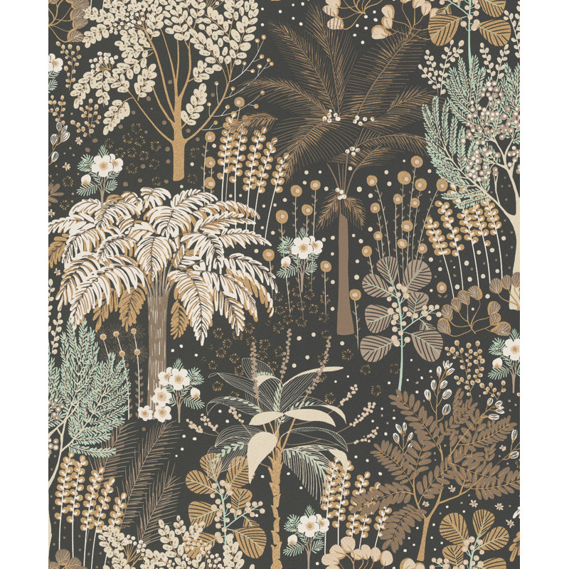 Black Tropical Trees Metallic Wallpaper R8369, Black