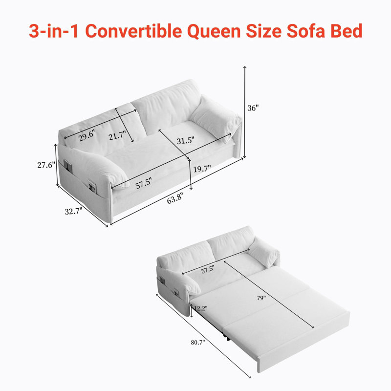 Latitude Run® Pull Out Sofa Sleeper Bed With Side Storage And 2 Soft ...