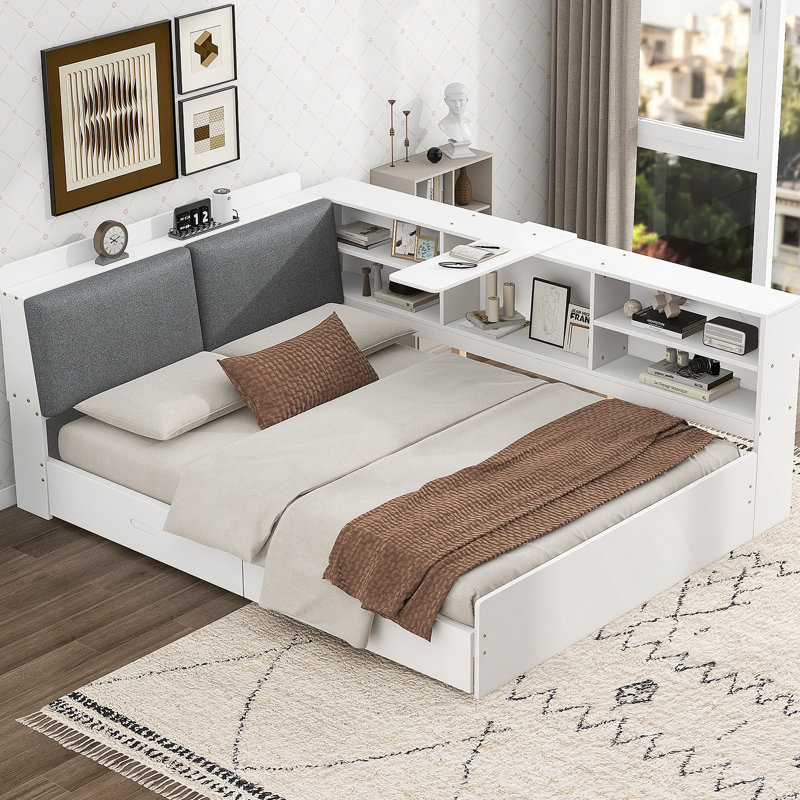 Lit plateforme en bois avec tête de lit, tablettes et 2 tiroirs, blanc