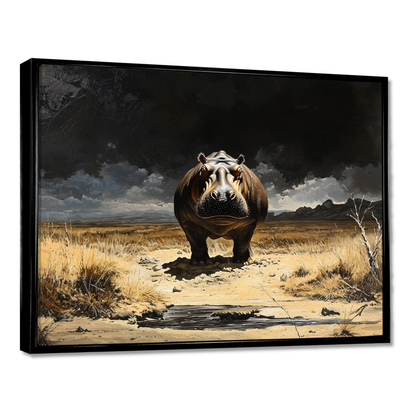 Reproduction sur toile d'un hippopotame, H 34 po x l 44 po, Impression dans un cadre flottant sans passe-parto, Noir