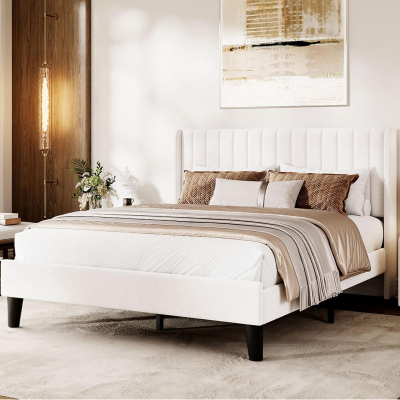 Structure de lit en velours avec tête de lit à oreilles, lit plateforme tapissier, aucun sommier requis, assemblage facile, support robuste, beige (grand)