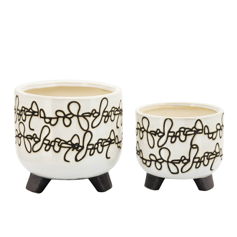 S/2 Ceramic 6/8" Scribble Footed Planter