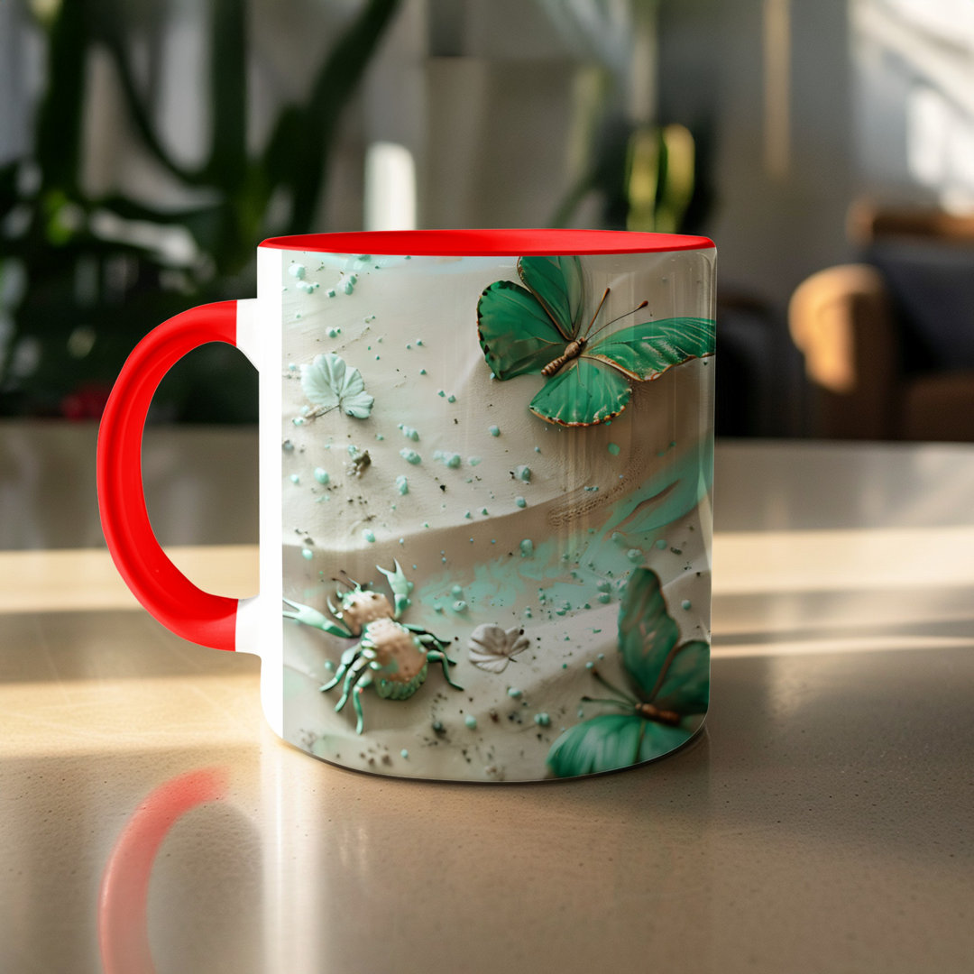 Set of 4 Butterfly Design 11oz Accent Mugs – White Ceramic Coffee Cup with a Red Handle and Interior