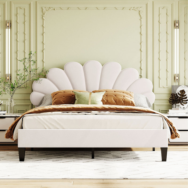 Grand lit plateforme tapissier, tête de lit en velours à motif floral, Beige, Grand lit