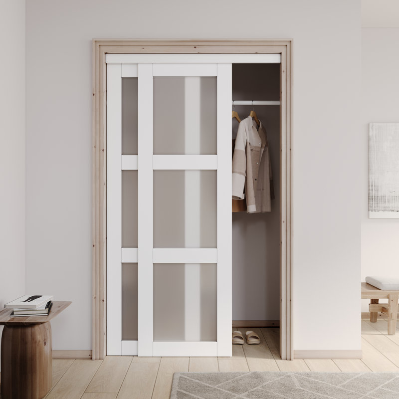 Portes coulissantes 48 po x 80 po en bois manufacturé blanc et massif avec trousse de quincaillerie d'installation et poignée