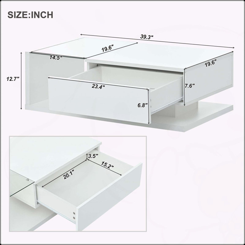 Table de centre rectangulaire moderniste à 2 niveaux et surface UV ultrabrillante, idéale pour les salons élégants, Blanc