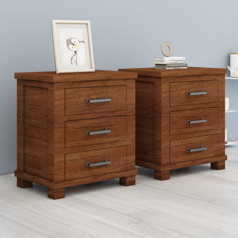 Ensemble de table de chevet rustique en bois massif à trois tiroirs Rustic