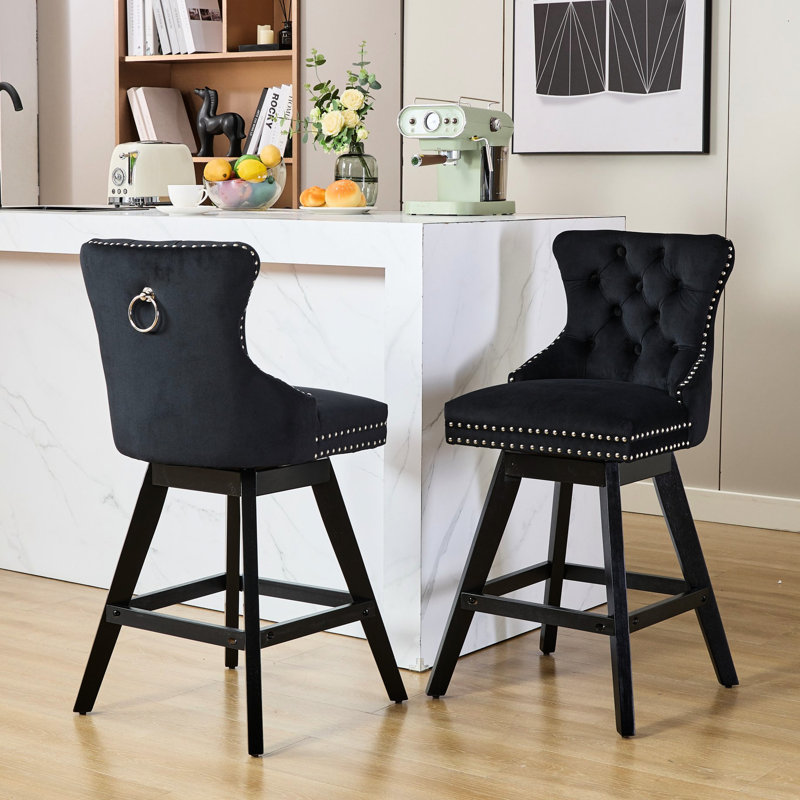 Swivel Velvet Bar Chairs With Button Decoration, Wooden Legs, Nailhead Trim, Soft Foam & Steel Spring Filling, Curved Back, Black, 2 For Dining 360-Degree Rotating Upholstery, Design, Padding, 2 Room