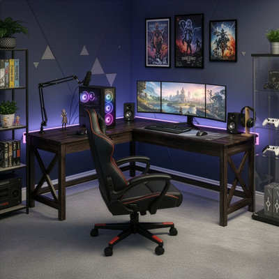 Bureau d'ordinateur en L Lavish Home avec pieds en X gris foncé