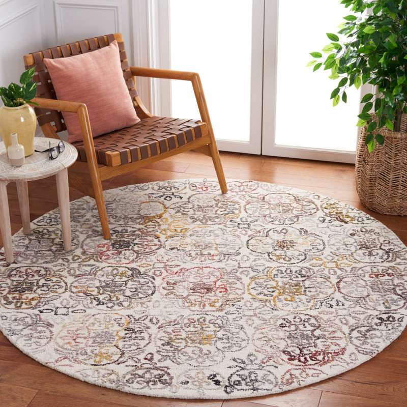 Tapis rouge / ivoire en polypropylène / laine touffeté à la main Alhowra, Rond 6 pi