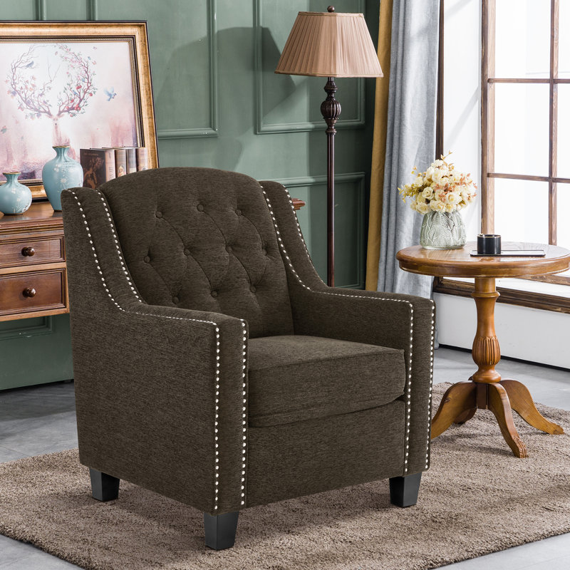 Leomar Modern Accent Armchair, Upholstered Nailhead Trim, Brown Chenille