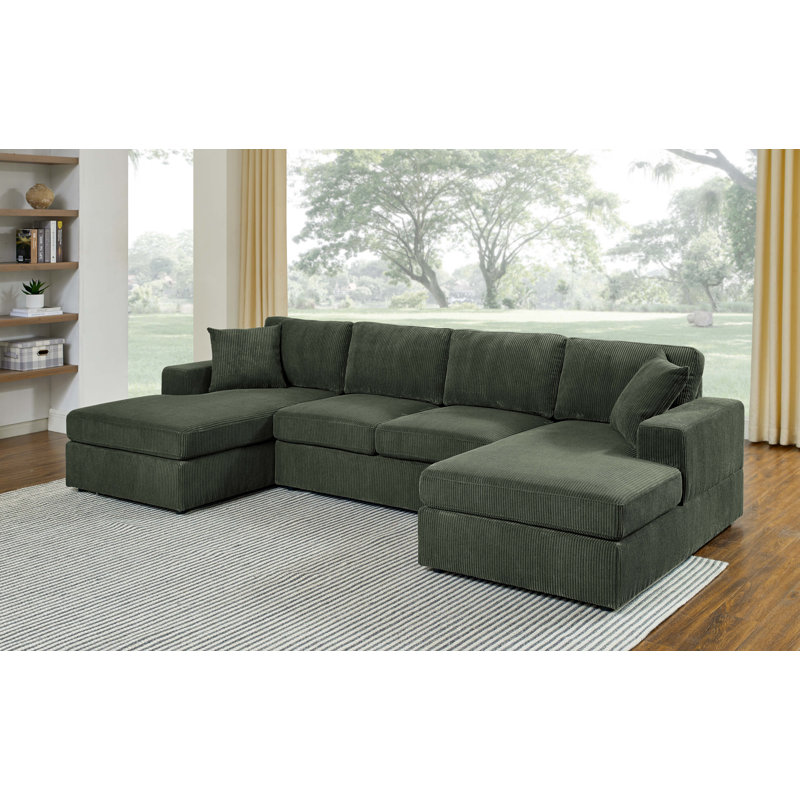 Loette Corduroy U-Shaped Sectional Symmetrical, Green Corduroy