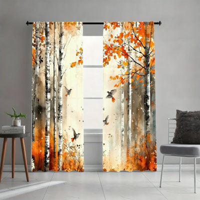 2PCS Autumn Tone Birch Forest Flying Bird Scenery Light Filtering Curtains, Artistic Nature Decor, Easy Hang Rod Pocket, All-Season Window Treatments for Living Room, Bedroom, Dormitory, Study