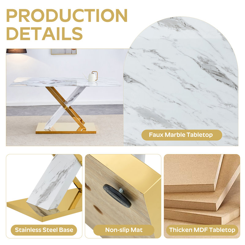 7 - Piece Luxury Kitchen Dining Table Set with Gold X-Base, White, White/Gold, Green/Gold