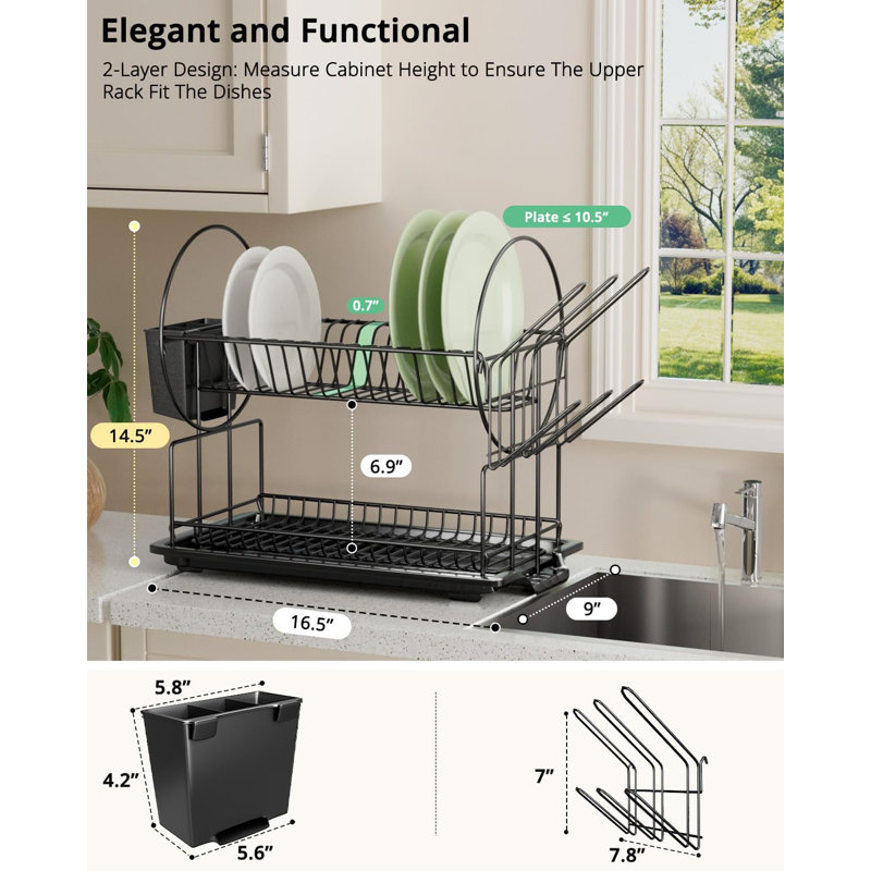 Compact 2-Tier Dish Drying Rack - Space Saving Design With Removable Utensil Holders