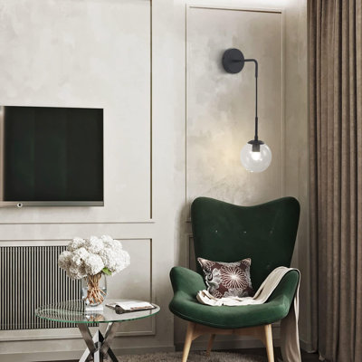 Graelynning Modern Wall Sconce Mid Century Raw Brass Round Glass Wall Mounted Graelynn Minimalist Vanity Adjustable Cord Wall Lamp Black