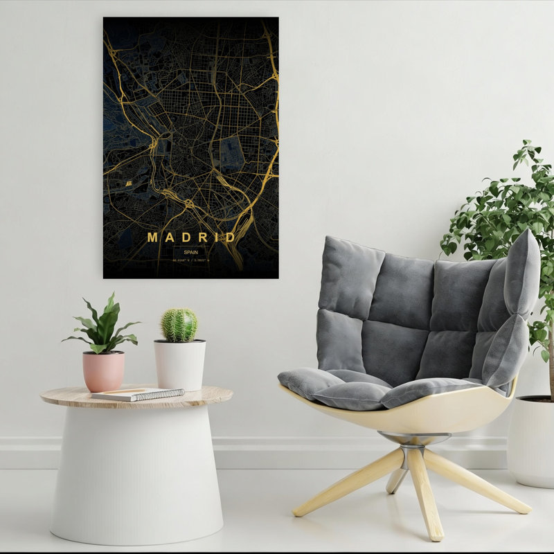 Art mural abstrait de la ville dorée moderne de Madrid, 36" H x 24" W
