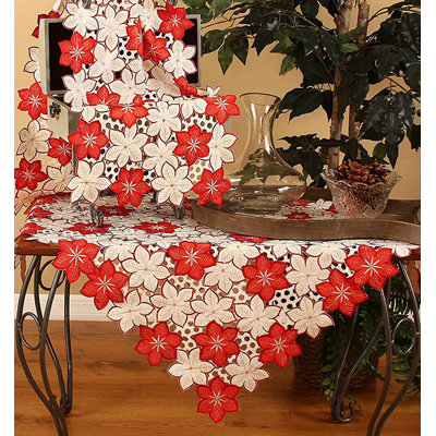 Candy Cane Poinsettia Embroidered Cutwork Holiday Table Topper