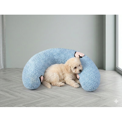 Interior Cat Pillow Featuring a Half-Donut Design for Anxiety Relief, Soft Plush Construction with Decorative Embroidery Pattern, Suitable for Calming Pets, Blue Shade with Peach Motifs