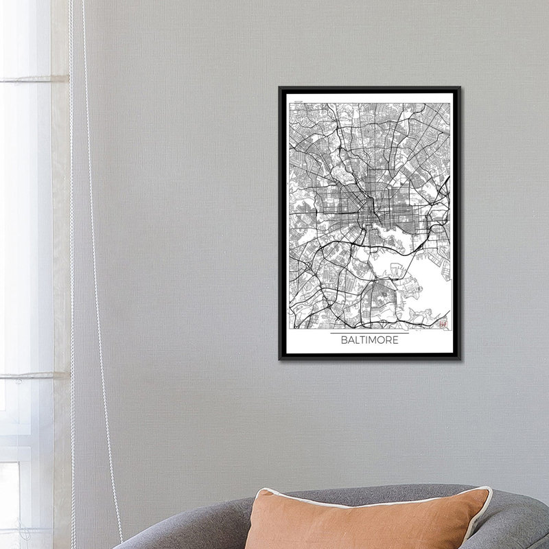 «Baltimore Minimal Urban Blueprint Map», impression sur toile, H 26 po x l 18 po x P 1,5 po, Toile avec cadre noir