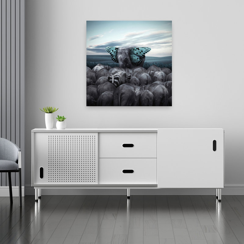 Unique Elephant Blue Wings Surreal Abstract Contemporary Butterfly Elephant Zebra Forest Landscape Wall Art Print by Hardibudi - Print