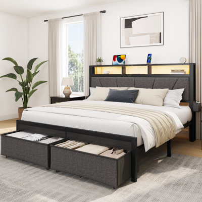 Full Size Bed Frame With Upholstered Headboard & Storage Drawers, Platform Bed With Led Lights & Charging Station, Black