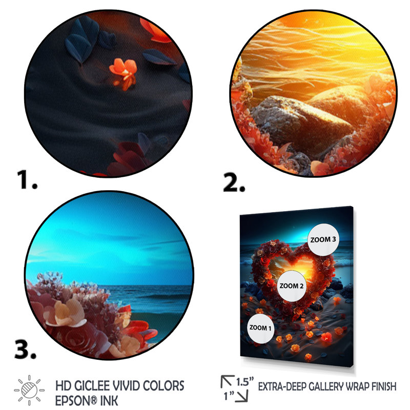 «Metta Vibrant Red Flower Heart Noctural Beach», reproduction sur toile, H 32 po x l 24 po, Cadre flottant blanc