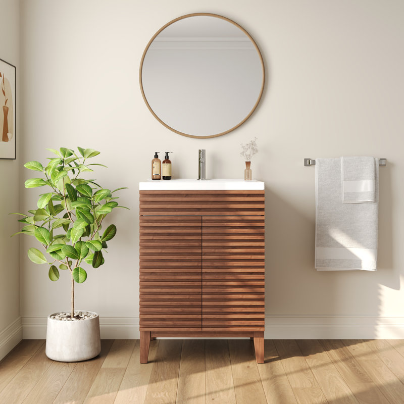 24" Walnut Freestanding Bathroom Vanity with Ceramic Sink