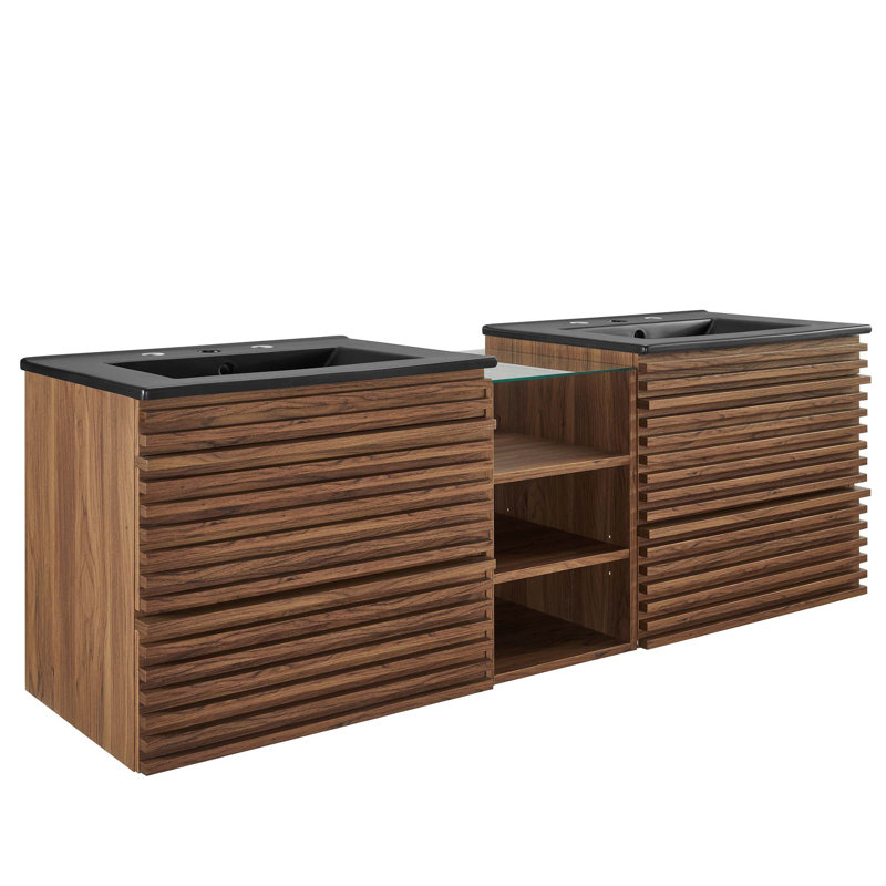 Render 62" Wall-Mount Double Sink Bathroom Vanity, Black