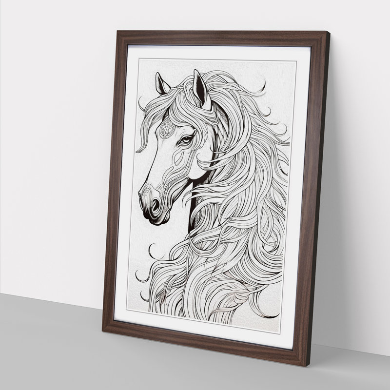 Horse Line - Single Picture Frame Print on Wood, 64cm H x 46cm W x 2cm D, Walnut