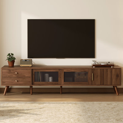 Meuble télé 76 po en bois veiné avec portes vitrées pour téléviseurs de 85 pouces, console multimédia pour salon, charnières à fermeture douce et design élégant et minimaliste moderne, compatible avec les chambres multimédias, pieds robustes, passage de câbles.