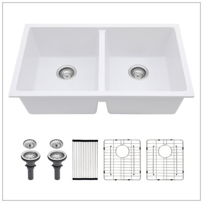 Quartz Kitchen Sink - 33X19" White Granite Composite Undermount Kitchen Sink Double Bowl(50/50)