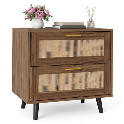 Table de chevet en rotin avec station de charge, table de chevet Boho | 2 ports USB et prises de courant, commode à 2 tiroirs, table de chevet Mid Century pour chambre à coucher, salon