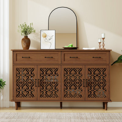 Vintage Sideboard Buffet Cabinet With Hand-Carved Hollow Doors, Distressed Light Wood Finish, 2 Drawers & 4 Doors Storage Cabinet, Metal Handles, 13 Cm Raised Legs For Easy Cleaning, For Living Room