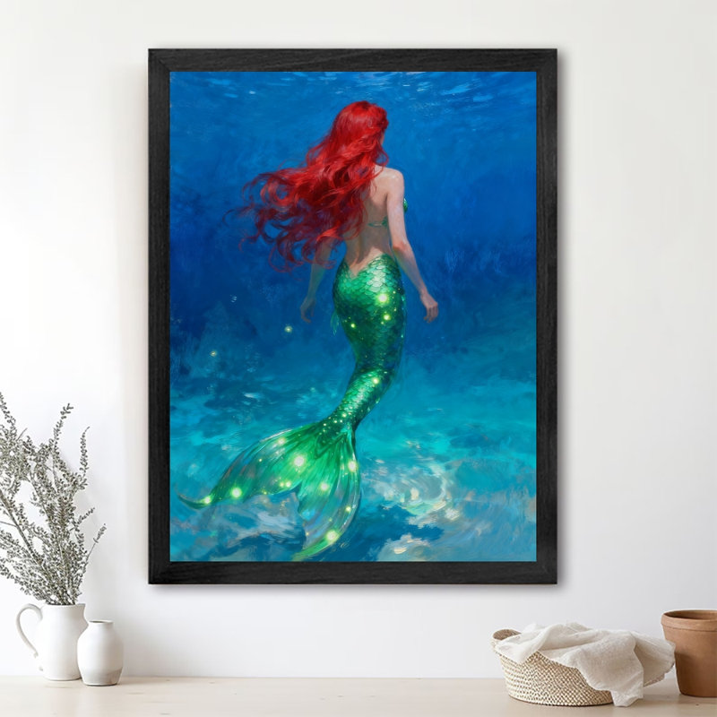 Reproduction d'art encadrée noire rétro "The Mermaid Under the Sea", H 25 po x l 17 po