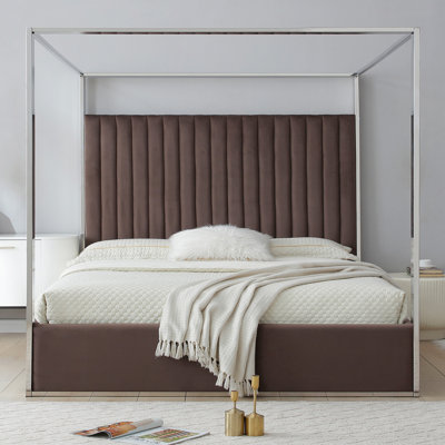 Jeffrey Canopy Velvet Upholstered King Bed Frame In Camel