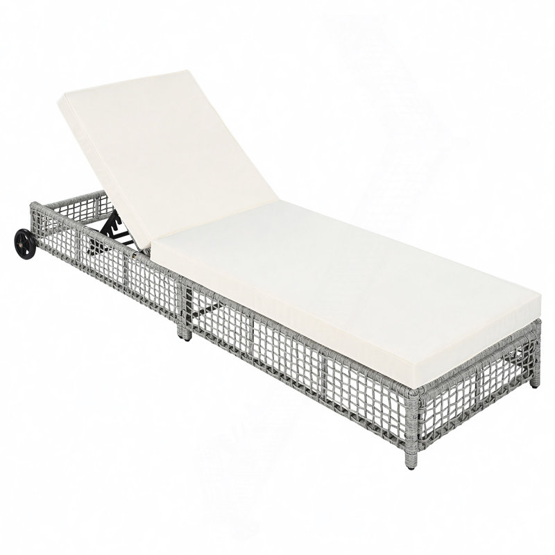 Patio Chaise Lounge With 5-Position Backrest, Cushion & Wheels, Natural, 1