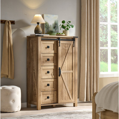 Farmhouse 5 Drawers Dresser Wood Rustic with Sliding Barn Door & Shelf