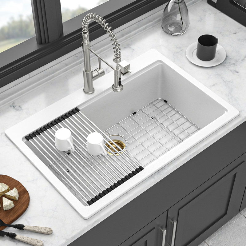White Quartz Kitchen Sink 33" X 22", High - End Drop In Workstation, Smooth Surface, Reduces Dirt, Assembly, Installation Template Non Porous, Easy To Clean, Strainers, Guide