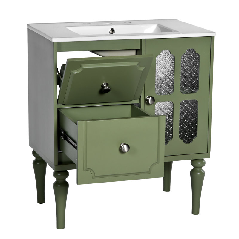  Retro Style 30'' Bathroom Vanity with Ceramic Sink Combo, Freestanding Single Vanity with 2 Drawers, Solid Wood Frame Storage Cabinet, Green