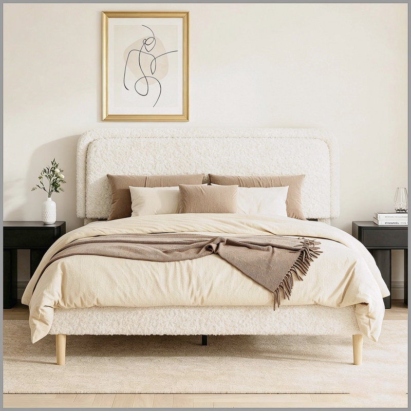 Structure de grand lit, lit plateforme rembourré moelleux avec tête de lit réglable en hauteur, structure robuste et Alats, conception silencieuse, compatible avec les matelas sans ressorts, facile à assembler, beige