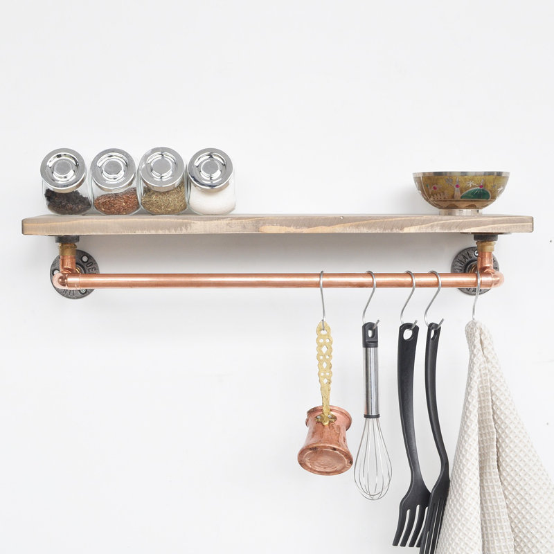Tablette de cuisine murale avec crochets et tuyaux en or rose fait à la main