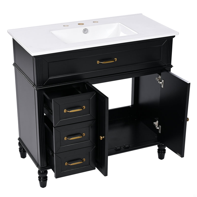 Meuble-lavabo noir avec tiroirs Dancy, Noir et or